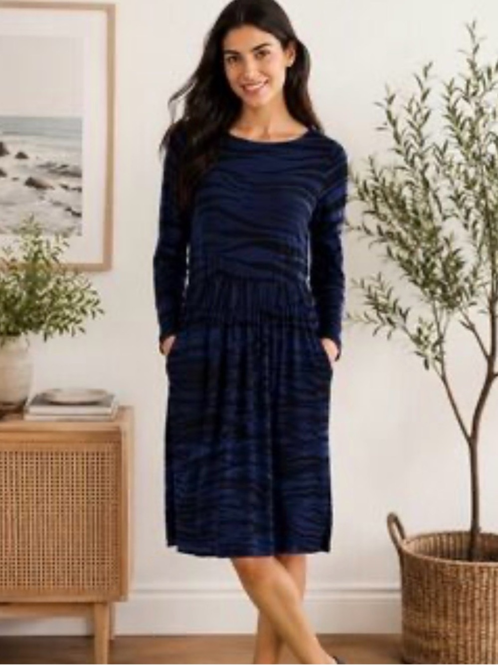 Boden Casual Navy Black Zebra Stripe Gathered Waist Popover Viscose Work Dress